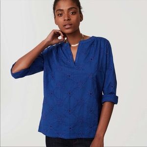 LOFT Blue Eyelet Split Neck Long Sleeved Top